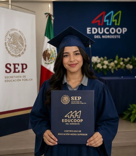 Graduado en toga académica sosteniendo diploma SEP en ceremonia EDUCOOP