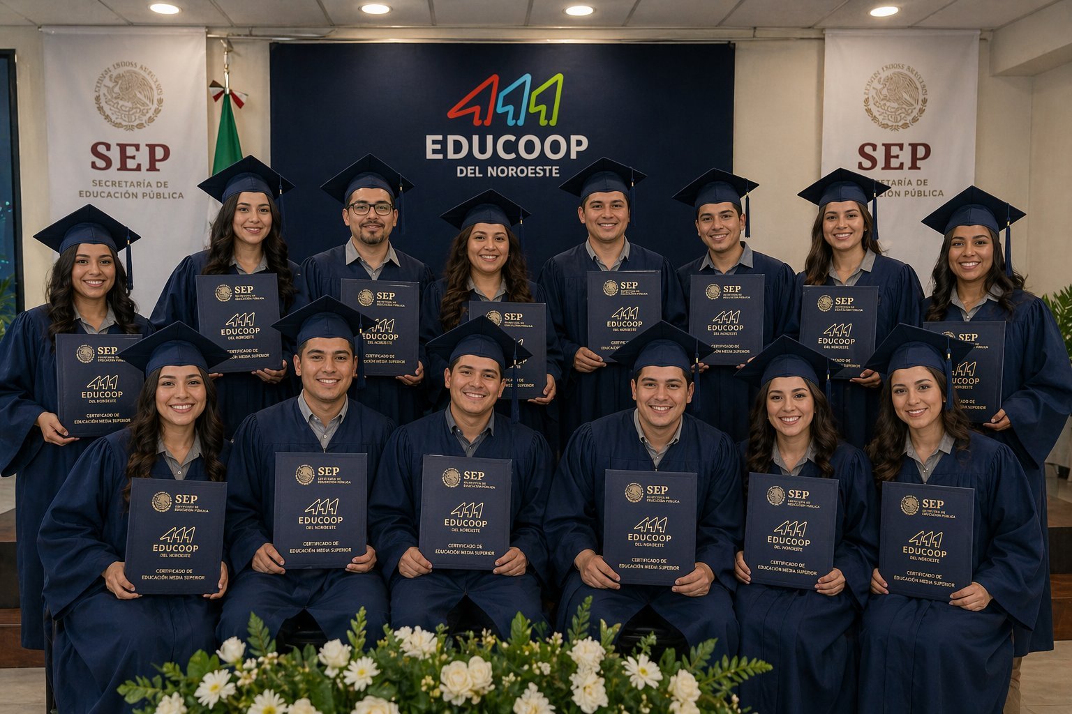 Grupo de graduados en toga y birrete sosteniendo certificados en ceremonia EDUCOOP con flores blancas