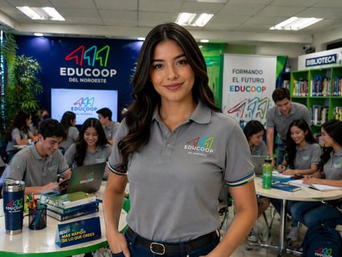 Mujer en camisa EDUCOD en biblioteca con estudiantes y banners coloridos