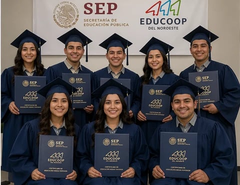 Ocho graduados en toga y birrete sosteniendo diplomas frente a banners de SEP y EDUCOOP